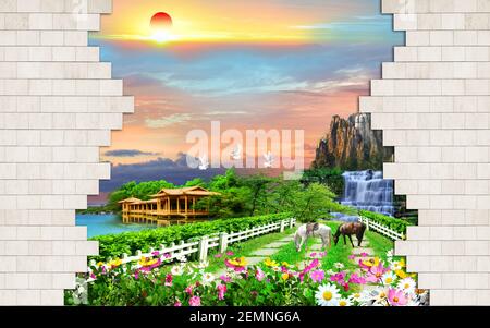 3D Wandtapete für Wand . Natürliche Landschaft, Pferd, Sonne, Blumen, Berg , Meer, Waterfallو Kräuter, Haus, Vögel, Wolken am Himmel und Mauerziegel Stockfoto