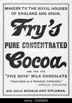 Old Victorian gedruckte Fry's Chocolate Anzeige von 1905 - vor dem Anbruch der Werbestandards. Geschichte der Schokolade. Stockfoto