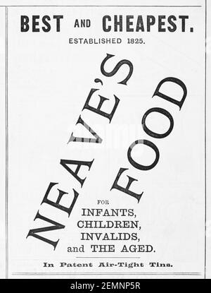 Old Victorian Neave's Babyfood-Werbung von 1894 - in den Tagen vor Werbestandards. Alte viktorianische Lebensmittelwerbung, Geschichte der Werbung. Stockfoto