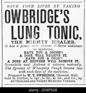 Old Victorian Magazin Zeitungspapier Owbridge's lung Tonic Anzeige von 1894 - vor dem Anbruch der Werbe-Standards. Geschichte der Medizin. Stockfoto