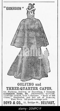 Alte viktorianische Zeitschrift Zeitungspapier Damen Umhang Kleidung Anzeige von 1895 - vor dem Anbruch der Werbung Standards. Geschichte der Mode. Stockfoto