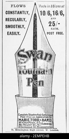 Alte viktorianische Zeitschrift Zeitungspapier Swan Fountain Pen Anzeige von 1897 - vor dem Anbruch der Werbestandards. Verlauf der Stifte. Stockfoto