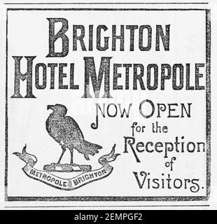 Viktorianische Werbung für Brighton's Hotel Metropole von 1891 (eröffnet 1990) und jetzt ein Hilton Hotel. Geschichte der Werbung und Gastgewerbe. Stockfoto