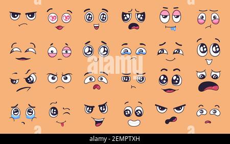 Niedliche Cartoon Gesichter. Gesichtsausdrücke, glückliche und traurige Stimmung. Lachend, lächelnder Mund und weinende Augen. Verschiedene Stimmungsvektoren eingestellt. Positiv und negativ Stock Vektor