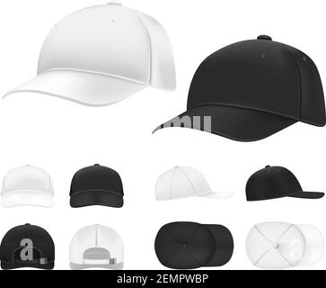 Baseballmütze. Schwarz-weiß blank Sport einheitliche Kopfbedeckung in der Seite, Vorder-und Rückansicht Vorlage. Isolierte Vektorhubmockups Stock Vektor