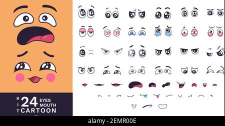 Cartoon Faces Kit. Lustige Charaktere Augen und Mund mit verschiedenen Ausdrücken. Liebe und Angst, wütend und lachen, Lächeln und traurig Vektor-Cartoon-Elemente Stock Vektor