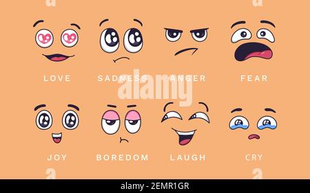 Cartoon Emotionen. Liebe, Freude und Zorn, Traurigkeit und Lachen, Langeweile und Lachen, Weinen. Lustige Zeichen Gesicht Vektor isolierte Elemente Stock Vektor