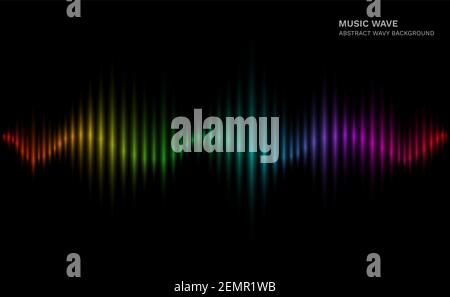 Regenbogen-Schallwelle. Mehrfarbige akustische dynamische Wellenform auf dunklem Hintergrund. Abstrakte elektronische Musik futuristische Vektor-Equalizer-Konzept Stock Vektor