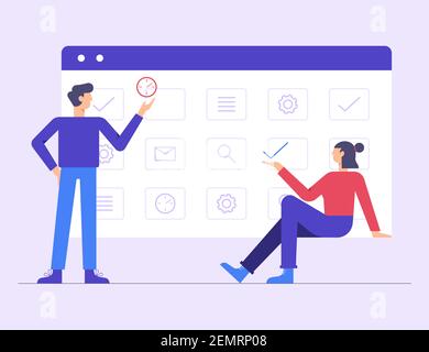 Planungszeitplan, Kalender- oder Planungskonzept. Teamarbeit und effektives Zeitmanagement. Team von Geschäftsleuten, die den Zeitplan im Zeitplan ausfüllen. Stock Vektor