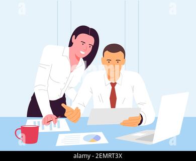 Vector flache Illustration des Arbeitsablaufs im Büro, eine Gruppe von Geschäftsleuten, die an einem Computer arbeiten, und ein anderer Teil der Vermarkter diskutieren Marketing Stock Vektor