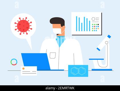 Chemische Laborforschung. Konzept zur Entdeckung von Impfstoffen. Wissenschaftler, Mikroskop und Computer arbeiten an der Entwicklung antiviraler Therapien. Stock Vektor