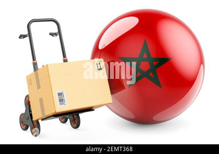 Paket auf dem Handwagen mit marokkanischer Flagge. Versand in Marokko, Konzept. 3D Rendering isoliert auf weißem Hintergrund Stockfoto