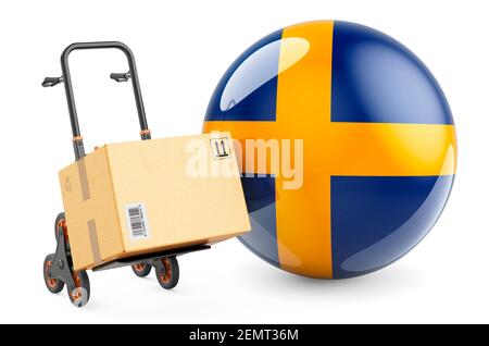 Paket auf dem Handwagen mit schwedischer Flagge. Versand in Schweden, Konzept. 3D Rendering isoliert auf weißem Hintergrund Stockfoto