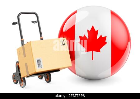 Paket auf dem Handwagen mit kanadischer Flagge. Versand in Kanada, Konzept. 3D Rendering isoliert auf weißem Hintergrund Stockfoto