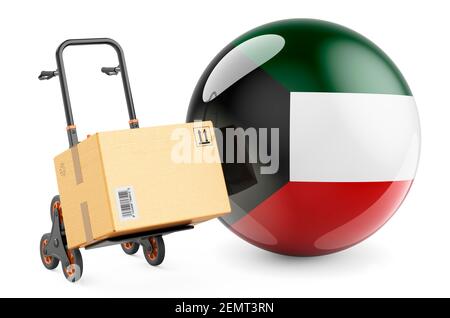 Paket auf dem Handwagen mit Kuwaits Flagge. Versand in Kuwait, Konzept. 3D Rendering isoliert auf weißem Hintergrund Stockfoto