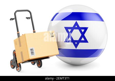 Paket auf dem Handwagen mit israelischer Flagge. Versand in Israel, Konzept. 3D Rendering isoliert auf weißem Hintergrund Stockfoto