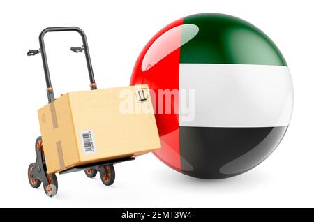 Paket auf dem Handwagen mit UAE Flagge. Versand in den Vereinigten Arabischen Emiraten, Konzept. 3D Rendering isoliert auf weißem Hintergrund Stockfoto