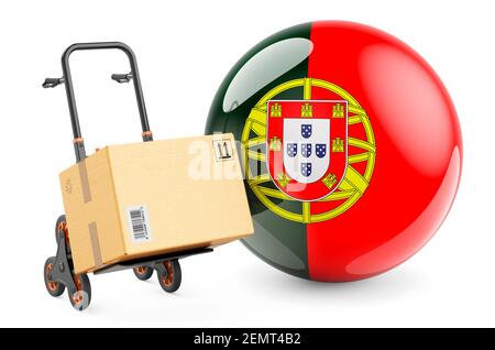 Paket auf dem Handwagen mit portugiesischer Flagge. Versand in Portugal, Konzept. 3D Rendering isoliert auf weißem Hintergrund Stockfoto