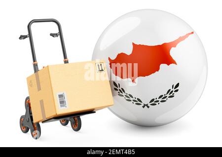 Paket auf dem Handwagen mit Zypern Flagge. Versand in Zypern Konzept. 3D Rendering isoliert auf weißem Hintergrund Stockfoto