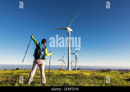 Rückansicht des nicht erkennbaren männlichen Forschers, der mit Wanderstöcken steht In erhobener Hand und den Sieg auf der Wiese mit Windmühlen feiern An sonnigen Tag Stockfoto