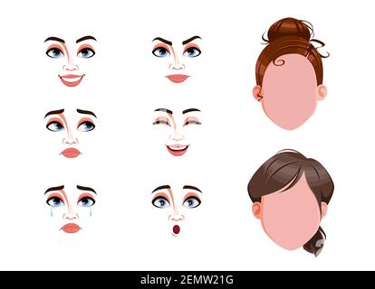Verschiedene weibliche Emotionen eingestellt. Leere Gesichter und Ausdrücke der Frau. Wähle Emotionen, die du brauchst. Vektorgrafik auf weißem Hintergrund Stock Vektor