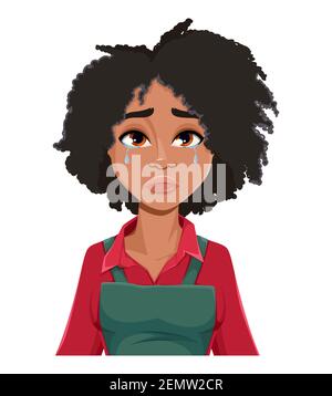 Stock-Vektor. Gesichtsausdruck der schönen afroamerikanischen Frau Gärtnerin, weinen. Weibliche Emotionen. Nette Dame Landwirt Zeichentrickfigur in flachen Stil. Stock Vektor