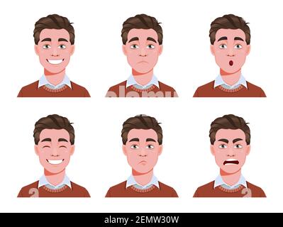 Gesichtsausdrücke eines gutaussehenden Mannes. Verschiedene männliche Emotionen eingestellt. Junge Kerl Cartoon-Charakter. Vektorgrafik für Aktien Stock Vektor