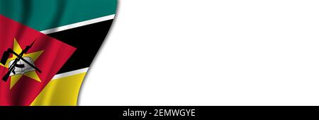Mosambik Flagge auf weißem Hintergrund. Weißer Hintergrund mit Platz für Text in der Nähe der Flagge von Mosambik. Stockfoto
