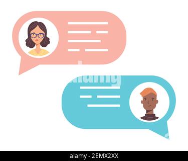 Sprechblase mit sprechenden Leuten Avataren. Konzept von Chat, Nachricht, Web kommunizieren, Messenger. Trendige flache Illustration. Stock Vektor