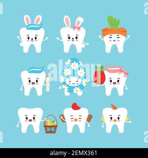 Ostern niedlichen Zähne dental Icon set isoliert. Stock Vektor