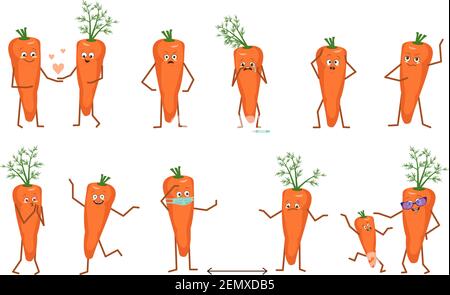 Set von niedlichen Karotten Zeichen mit verschiedenen Emotionen Stock Vektor