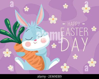 Frohe ostern Lettering-Karte mit niedlichen Kaninchen umarmt Karotte Vektor Illustrationsdesign Stock Vektor