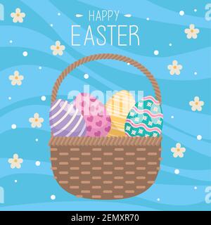 Frohe ostern Lettering-Karte mit Eiern bemalt in Korb und Blumen Vektor Illustration Design Stock Vektor