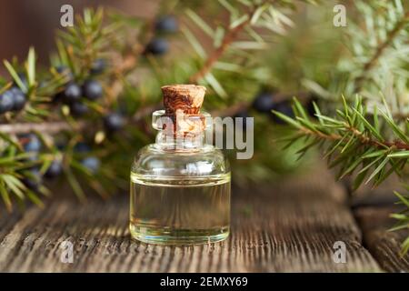 Eine Flasche ätherisches Öl mit Wacholderzweigen auf einem Holztisch Stockfoto