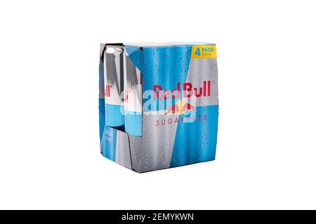 Red Bull zuckerfreie AluminiumDose auf weißem Hintergrund Stockfoto