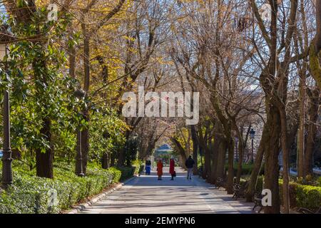 Puertollano. Paseo de San Gregorio und Fuente Agria im Hintergrund. Ciudad Real, Spanien Stockfoto