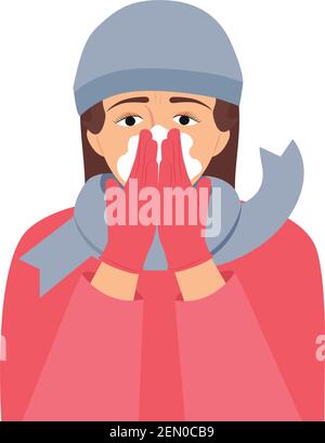Frauen verwenden Gewebe, um den Mund und die Nase beim Husten und Niesen Vektordarstellung zu bedecken. Weibliche Figur bedeckt ihre Nase mit einem Taschentuch. Stock Vektor
