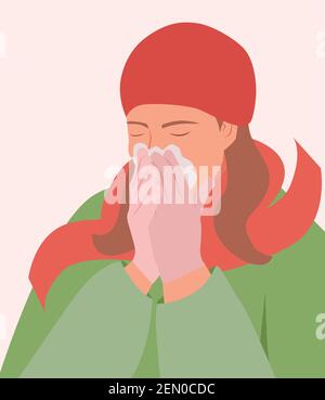 Frauen verwenden Gewebe, um den Mund und die Nase beim Husten und Niesen Vektor Illustration.Girl krank Niesen von Grippe. Konzept des Winters Stock Vektor