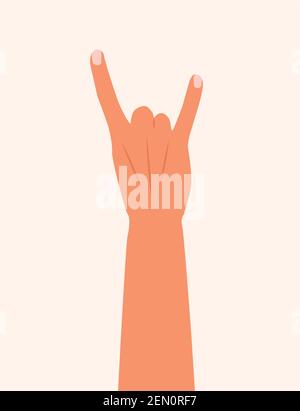 Hand zeigt zwei Finger, Rock Symbol Vektor Illustration. Zwei Finger nach oben gehoben. Heavy Metal, Rock and Roll, Teufel Hörner Handzeichen. Stock Vektor