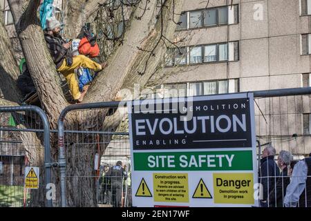 London, Großbritannien. Februar 2021, 23rd. Es ist der Nachmittag des zweiten Tages des „Baumsitzens“ in den Londoner York Gardens, Battersea. In einem Versuch, einen 100 Jahre alten schwarzen Pappelbaum vor dem Abschlag zu retten, haben drei Aktivisten ihn in der Nacht vom 21st. Auf den 22nd. Februar bestiegen und besetzt. Zwei Ratsbeamte hören den Requests der Aktivisten zu. Der Baum sollte abgeschlagen werden, um Platz für ein neues elektrisches Kabel zu schaffen, das Teil des lokalen Wohnbausanierungsplans des rates und der Taylor Wimpey Homes war. Die Baumschützer und ihre Unterstützer glauben, dass das Kabel umgeleitet worden sein könnte, um den Baum zu schonen. Stockfoto