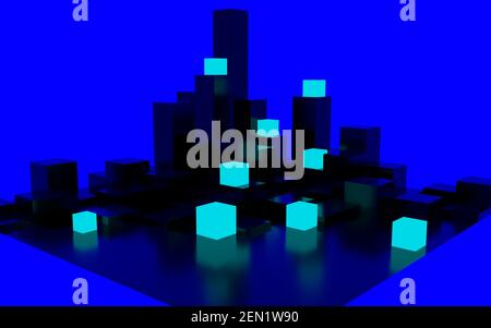 3D Rendering eines schwarzen flachen quadratischen Boden mit Dreieck-Extrusionen auf der Oberfläche, und blau leuchtende Quadrate, alle schwebend in einem blauen endlosen Hintergrund. Stockfoto