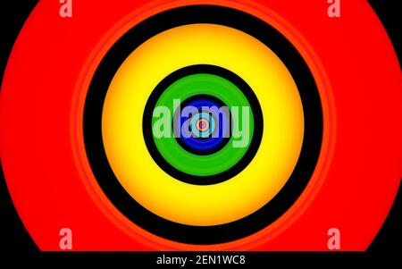 3D Rendering von verschiedenen farbigen (rot, gelb, grün, blau und orange) Kreise alle hinter einem schwarzen endlosen bakcground. Stockfoto