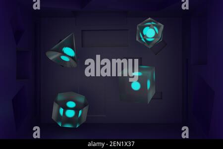3D Darstellung von vier unterschiedlich geformten Kristallen mit glühenden Kugeln im Inneren schwimmend in einer blauen Box mit Quadraten und Dreiecken, die darauf eingedrungen sind. Stockfoto