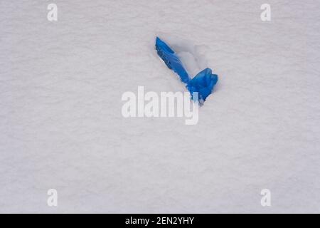 Eine nach Hause gelieferte Kopie der New York Times in einer schneebedeckten Auffahrt in Santa Fe, New Mexico. Stockfoto