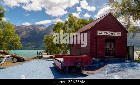 Das Glenorchy restaurierte Dampfschiff Depot am Nordufer des Wakatipu Sees, Neuseeland Stockfoto