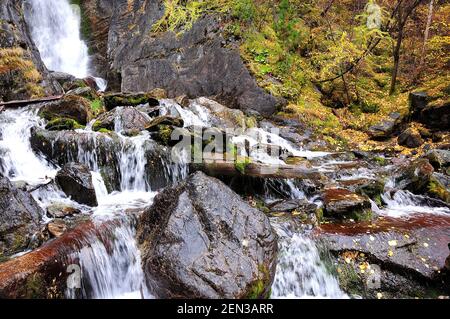 Ein kleiner Bach fließt vom Berg herunter, der sich in einem stürmischen Bach um die gefallenen Bäume und großen Steinbrocken beugt. Boki Fluss, bergige Alta Stockfoto