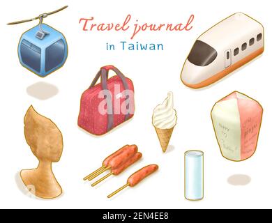 Travel Journal in Taiwan Sammlung, digitale Malerei der Seilbahn, Queen's Head, High-Speed-Schiene, Himmel Laterne, Eis, Gepäcktasche, Wurst, Getränk c Stockfoto