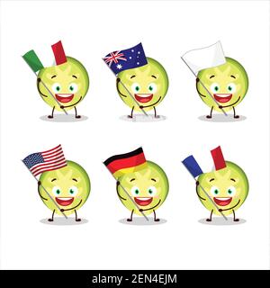 Scheibe von brüssel Sprossen Cartoon-Figur bringen die Flaggen der verschiedenen Länder. Vektorgrafik Stock Vektor