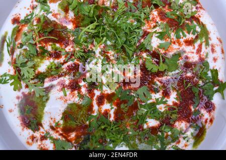 Dahi Vada oder Bhalla ist ein beliebter Snack in Indien. Sie wird durch Einweichen von vadas in dickem Dahi/Quark zubereitet. Selektiver Fokus mit horizontalem Rahmen Stockfoto