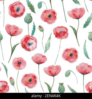 Nahtloses Muster mit Aquarell roten Mohnblumen. Stockfoto
